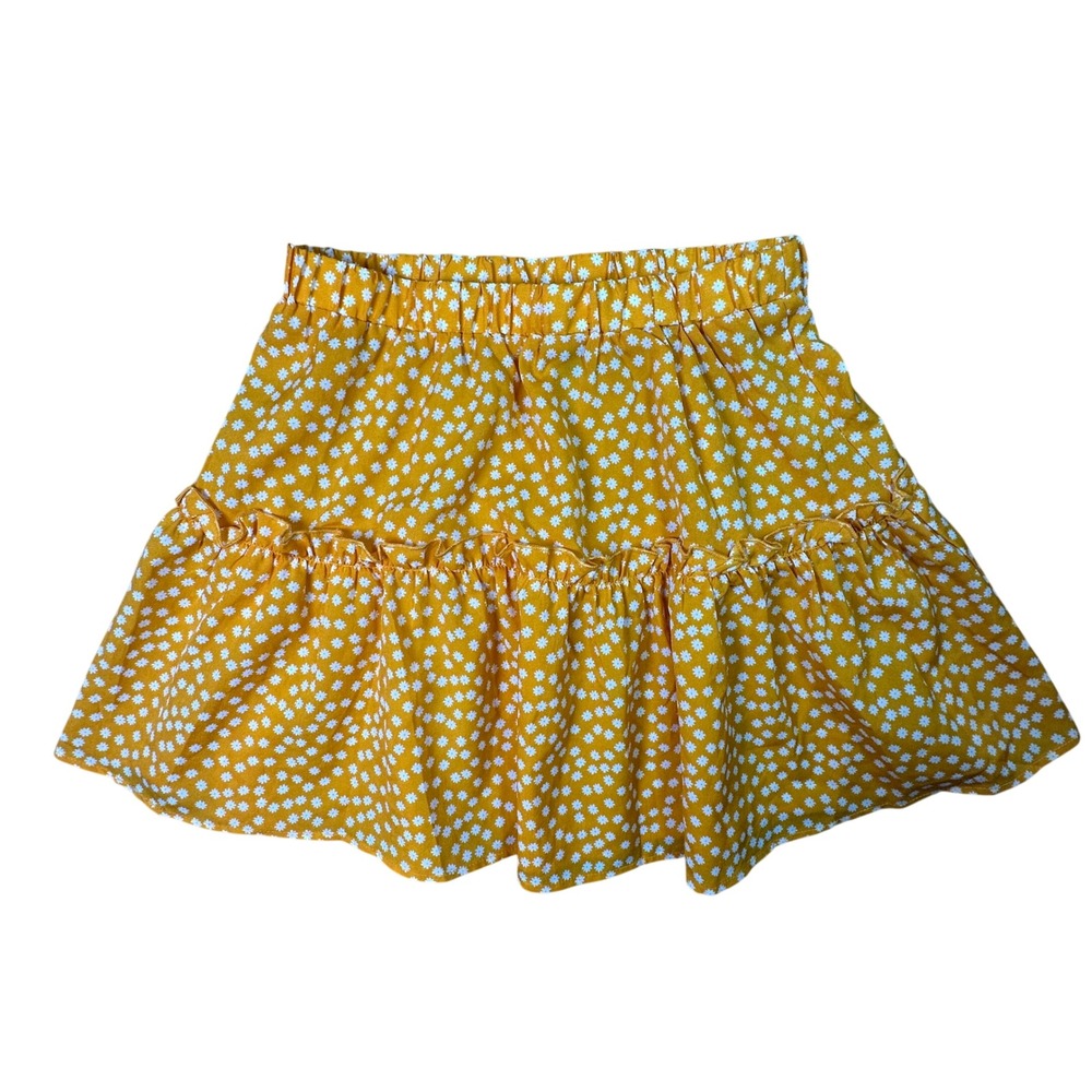 SHEIN Daisy Floral Tiered Ruffle Mini Skirt Mustard Yellow Boho Sz S swtwop0721‎